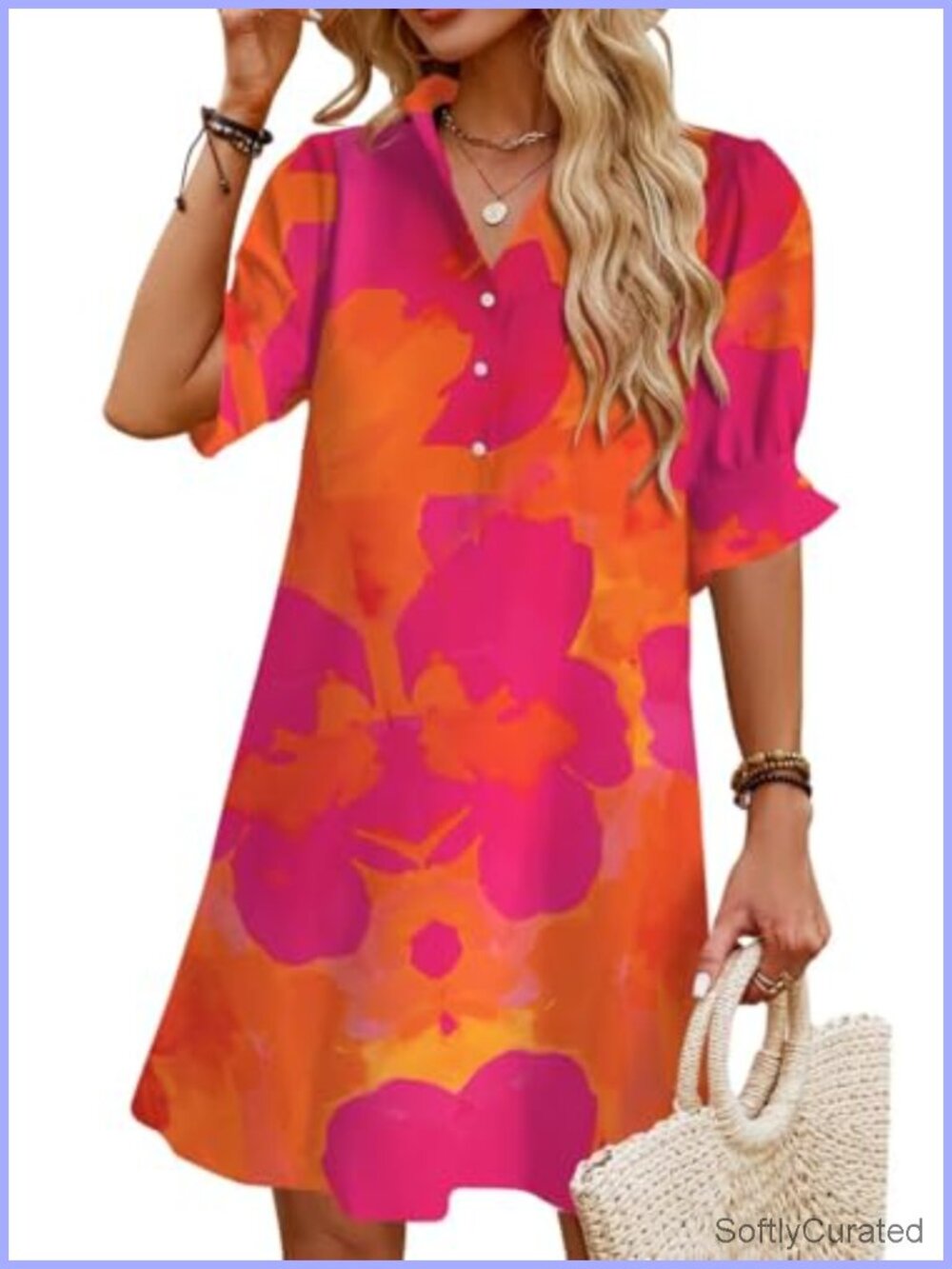 Flowy Shift Dress with Pockets, Button V Neck, Ruffle Short Sleeve, Casual